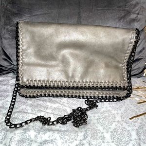 Pewter metallic fold over crossbody clutch bag